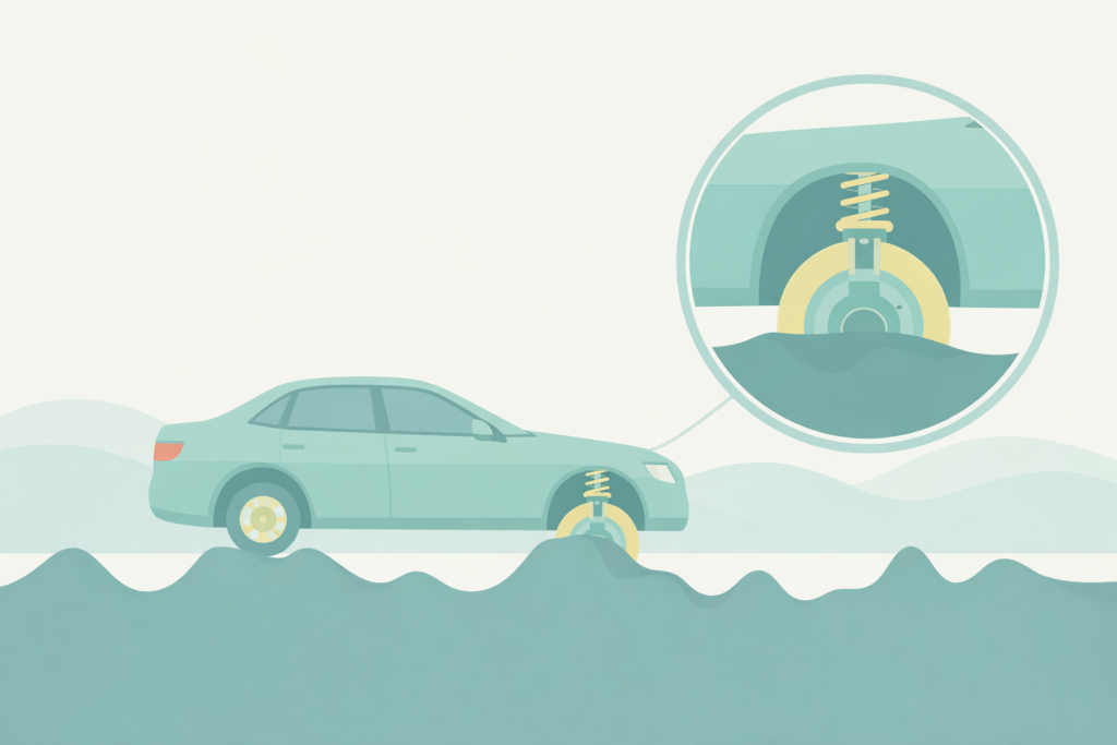 市場変動を吸収する仕組みの概念図：左側は悪路を安定して走行する車の全体像、右側はそのタイヤとサスペンションが衝撃を吸収している様子の拡大図。「現金バッファ」が市場の揺れから生活を守る役割を表現。