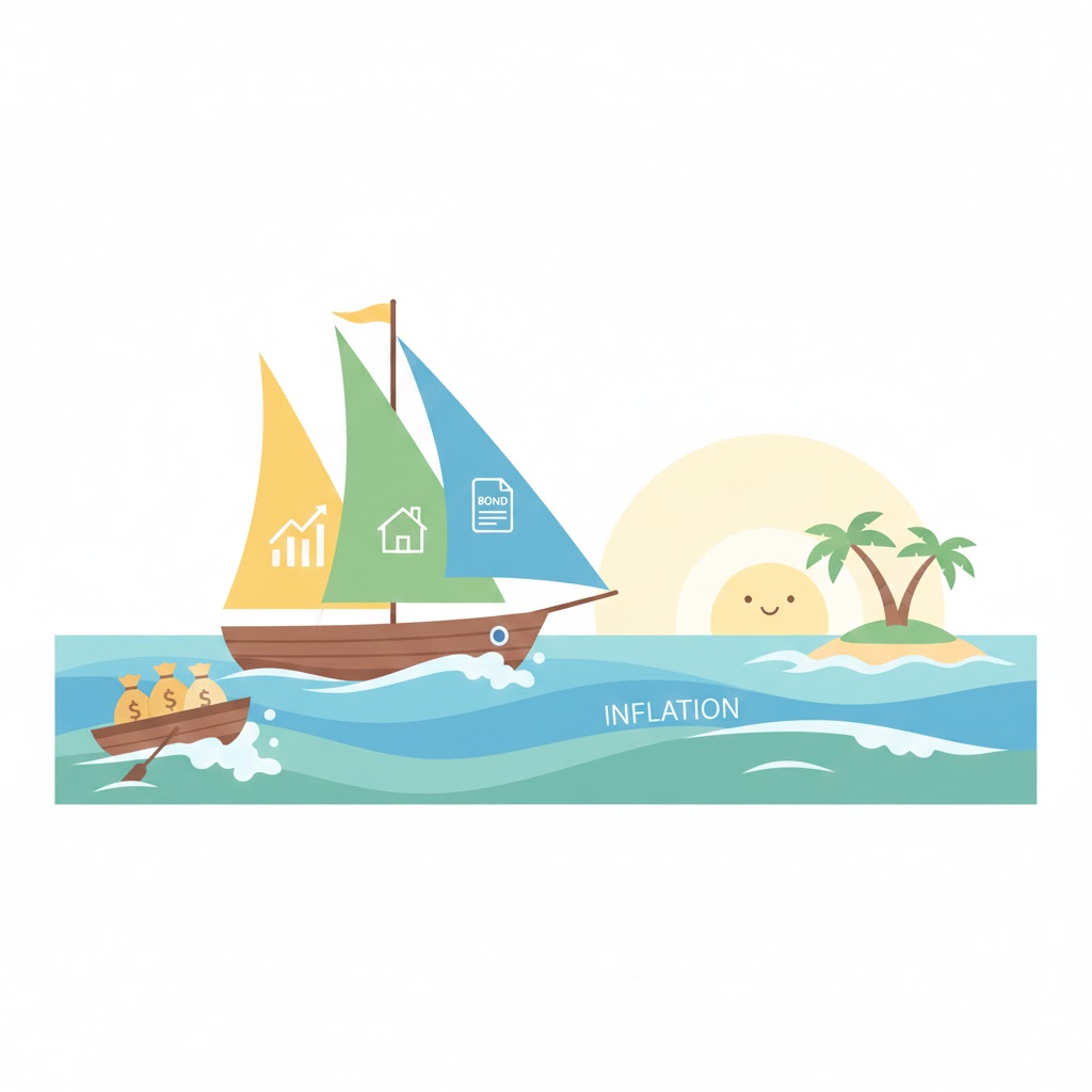 インフレを象徴する波の上を、株式や不動産のアイコンが描かれた帆を持つ頑丈な帆船が安定して進む一方で、現金のみを積んだ小さなボートが波に翻弄されているアイキャッチ画像