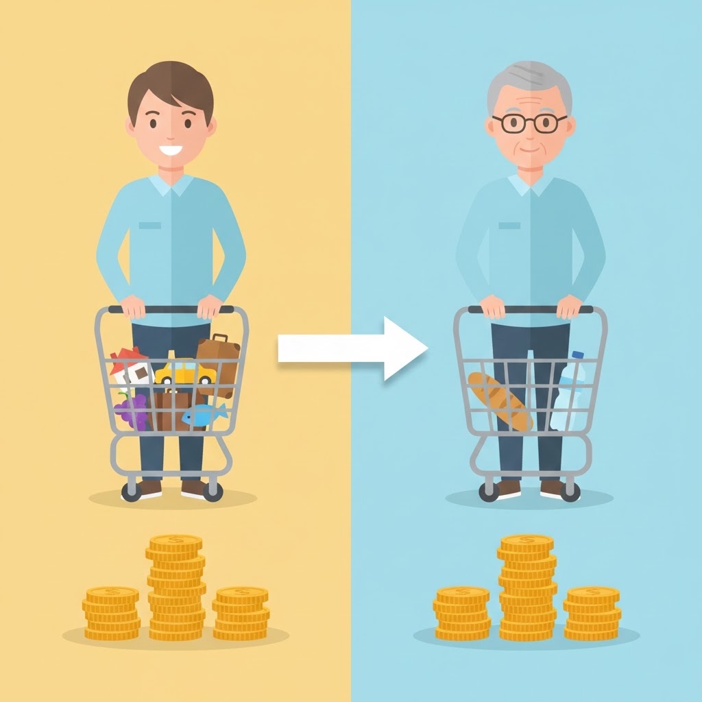 若い頃は溢れるほどの荷物を積んでいたショッピングカートが、20年後の老後には同じ金額の金貨を持ちながらも、パンと水だけしか買えなくなっている様子を描いた対比イラスト。