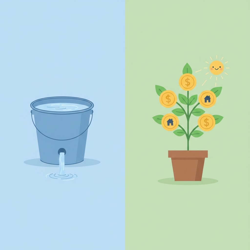 底に穴が開き水が漏れ続けるバケツ(現金)と、太陽の光を浴びてコインの実をつける健やかな木(成長資産)を対比させたイラスト。インフレによる減衰と資産成長の重要性を表現。