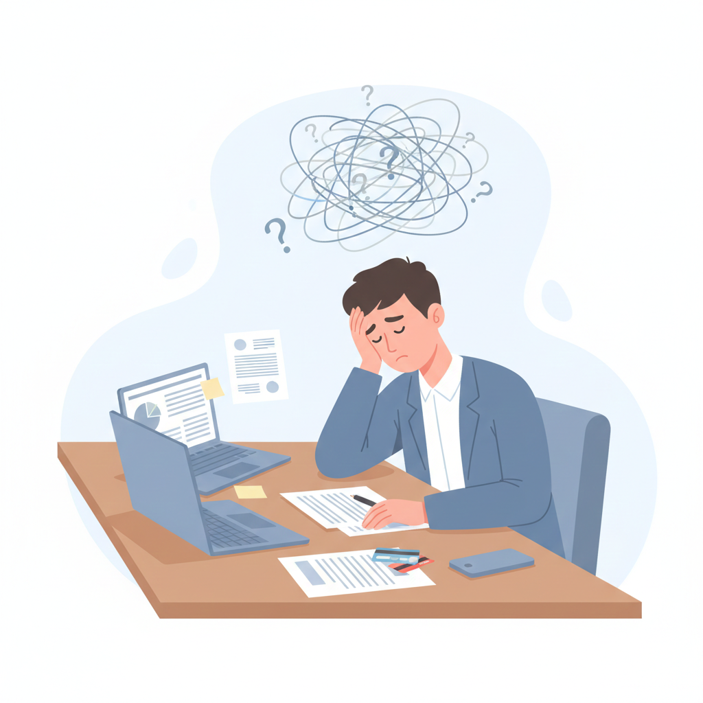 複雑な金融機関の管理や手続きに追われ、精神的な疲労を感じている人物のイラスト