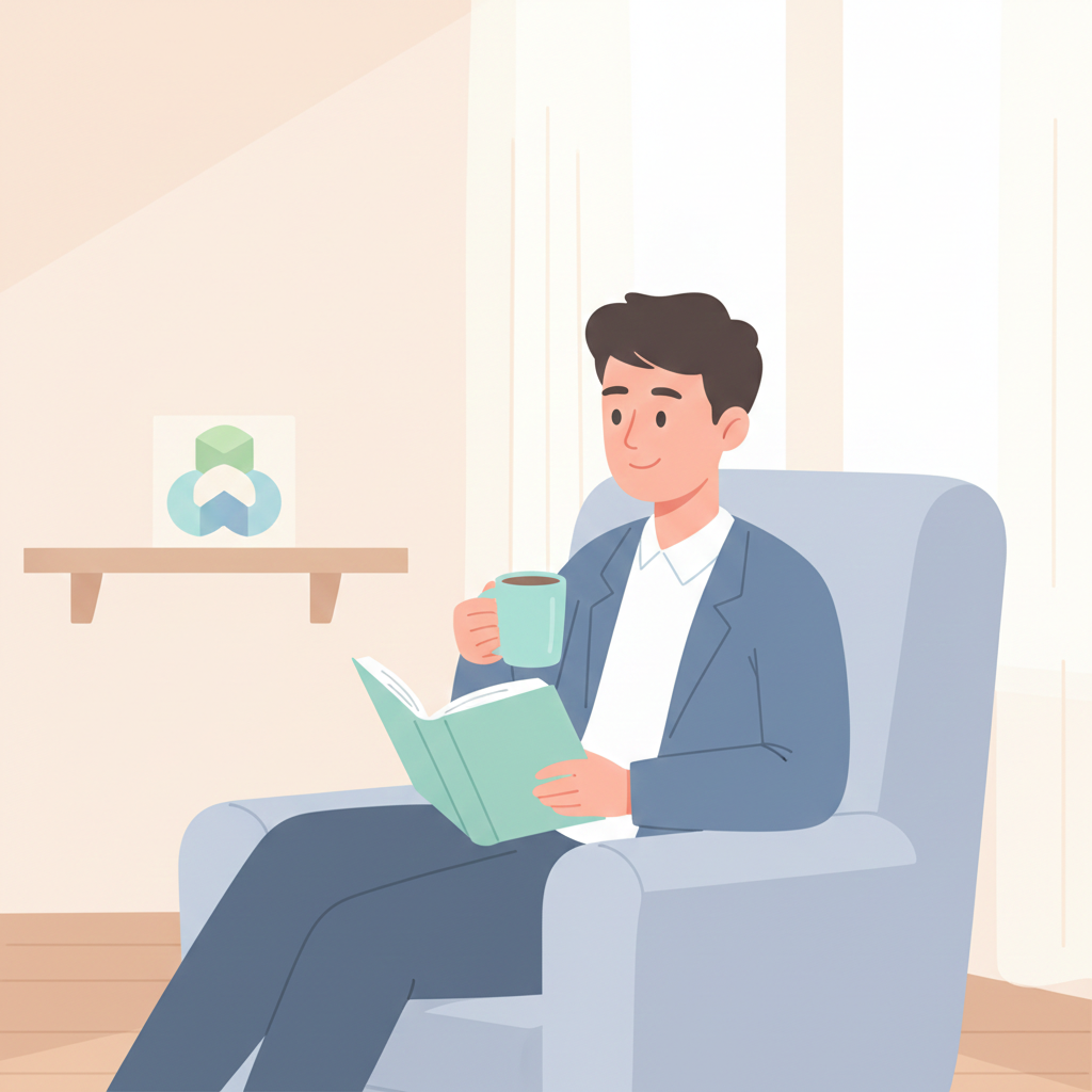 運用の自動化により自由な時間を手に入れ、穏やかに読書とコーヒーを楽しむ人物のイラスト