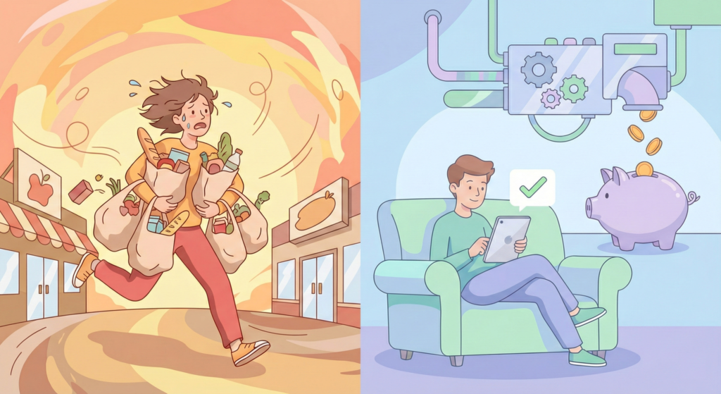 日々の労働で疲弊する非効率な「筋の悪い節約」と、仕組み化により自動で資産が増えくつろいでいる「筋の良い節約」の様子を左右に対比させたイラスト。