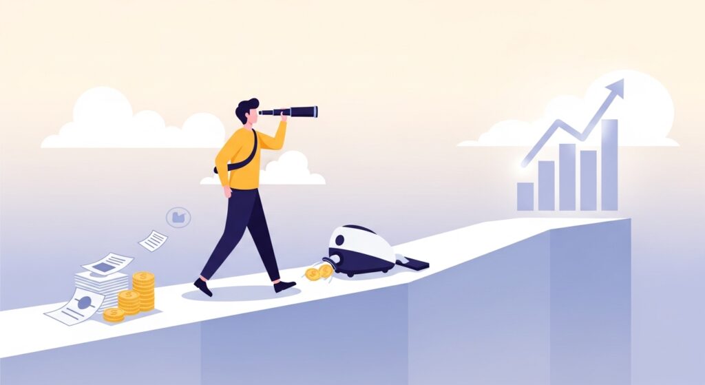 家計管理が小さな自動ロボットによって整えられ、足元の心配がなくなった人物が、望遠鏡を手に未来の資産成長に向かって自信を持って歩き出している様子を描いたイラスト。