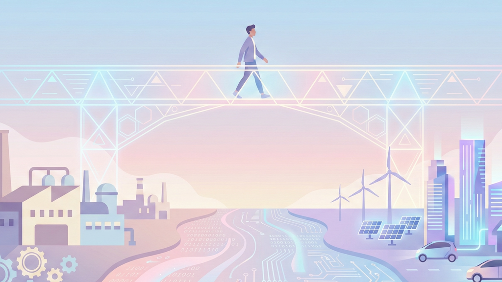 長期投資における堅牢な仕組みを象徴するイラスト。古い工場からデータ社会、未来都市へと激しく移り変わる時代の風景の上に、揺るぎない透明な光の橋が架かっており、投資家が安心してその上を歩んでいく様子が描かれている。