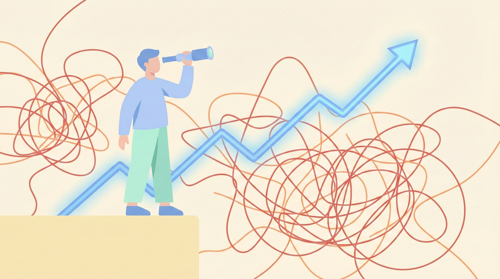 市場の短期的なノイズ（赤い渦巻き）に惑わされず、望遠鏡で冷静に長期的な期待値（青い上昇線）を見据える投資家のイラスト。