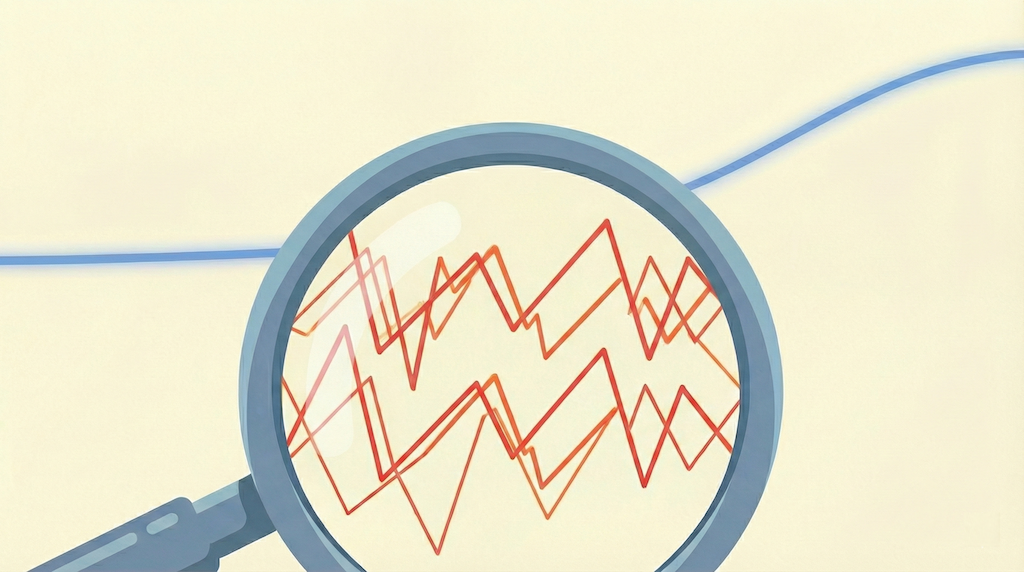 短期的な視点（虫眼鏡）では混沌としたノイズに見えるが、長期的な視点（遠景）では滑らかな上昇トレンドに見えることを示す対比イラスト。