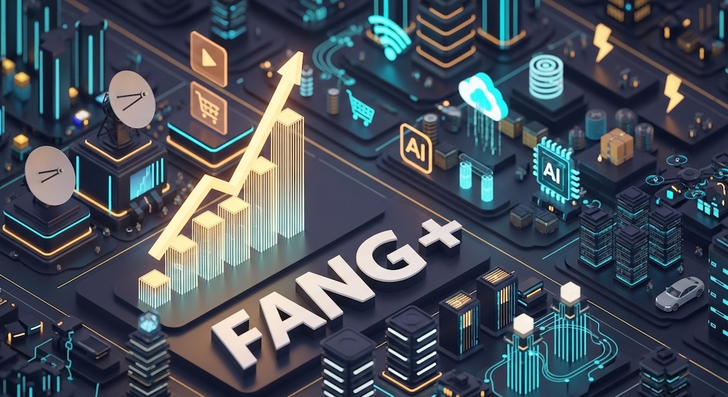 「NYSE FANG+」指数を象徴する、未来的なテック都市を描いたアイソメトリック3Dイラスト。深い紫とゴールドを基調とした背景に、右肩上がりの黄金の成長矢印と棒グラフ、サーバー、AIチップ、電気自動車などのテクノロジーを象徴するアイコンが配置され、手前には「FANG+」の立体的なロゴが描かれている。