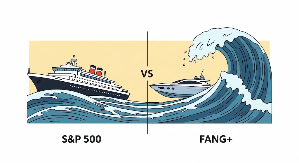 2つの異なる波と船を並べて比較したイラスト。左側では大きな客船が緩やかで安定した波を進んでおり（S&P500の象徴）、右側ではスピード感のあるボートが激しく切り立った高い波に挑んでいる（FANG+の象徴）。パステルカラーを用いたフラットなデザインで、投資対象による値動きの差を直感的に表現している