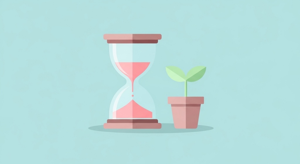 砂時計と、隣で成長する小さな緑の芽のイラスト。パステルカラーのフラットデザイン