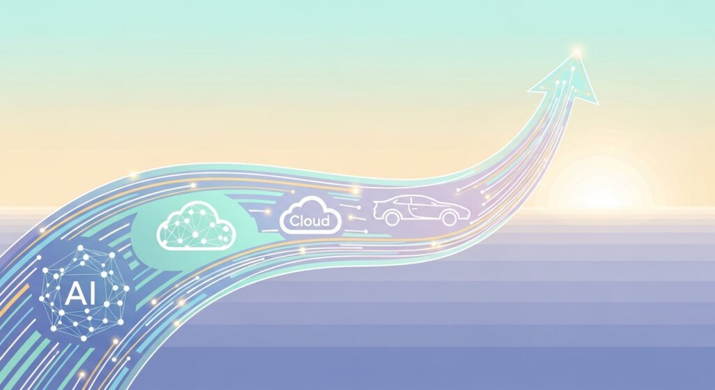 FANG+の象徴的な要素を美しく統合した、洗練されたイラスト。AI、クラウド、自動運転などを連想させる抽象的な幾何学モチーフが、一本の優雅に上昇する光のリボンの中に組み込まれている。パステルカラーのグラデーションを用いた現代的なフラットデザインで、日の出に向かう光のリボンは、テクノロジーがもたらす長期的な成長と明るい未来の可能性を、デザイン性高く表現している