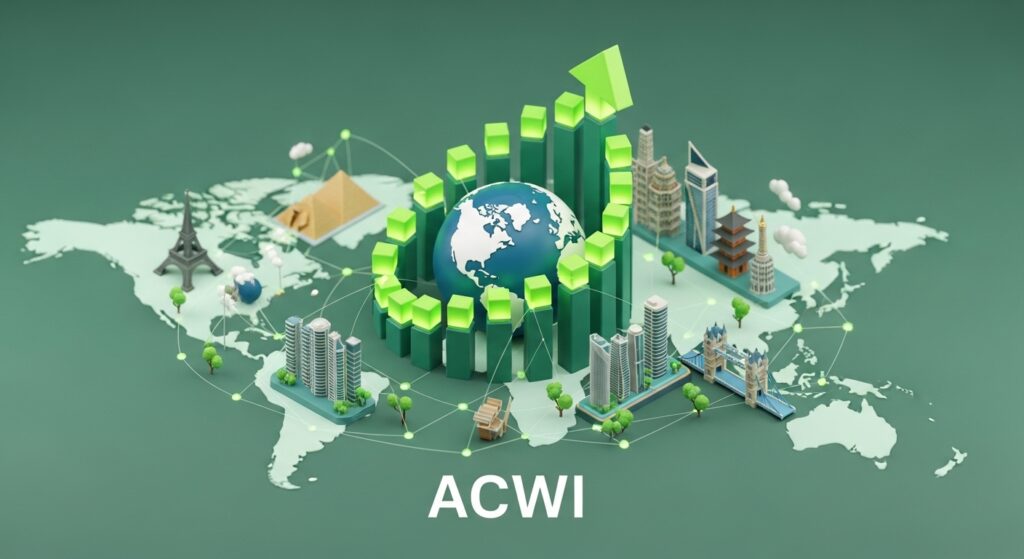 緑を基調としたアイソメトリック3Dイラスト。中央の地球儀を囲むように世界各国のランドマークと上昇するグラフが描かれた全世界株式（オール・カントリー）の定点観測用アイキャッチ画像。