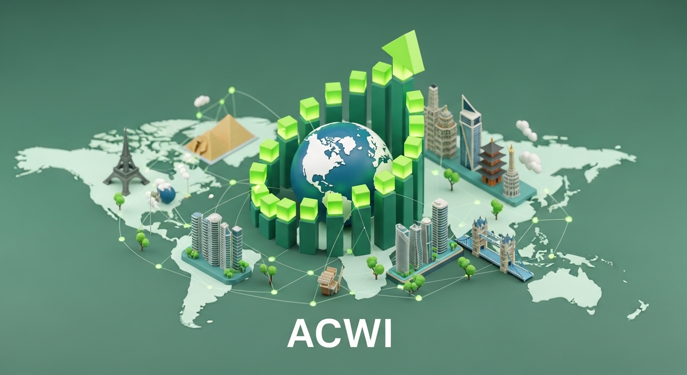緑を基調としたアイソメトリック3Dイラスト。中央の地球儀を囲むように世界各国のランドマークと上昇するグラフが描かれた全世界株式（オール・カントリー）の定点観測用アイキャッチ画像。