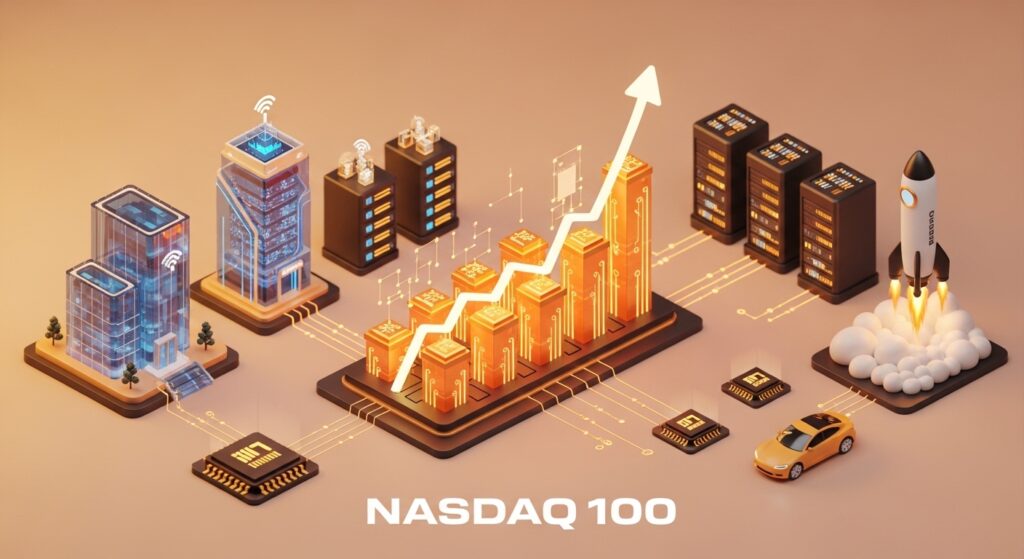 オレンジを基調としたアイソメトリック3Dイラスト。ハイテク産業を象徴するサーバー、ロケット、電気自動車と上昇するグラフが描かれたNASDAQ 100の定点観測用アイキャッチ画像。