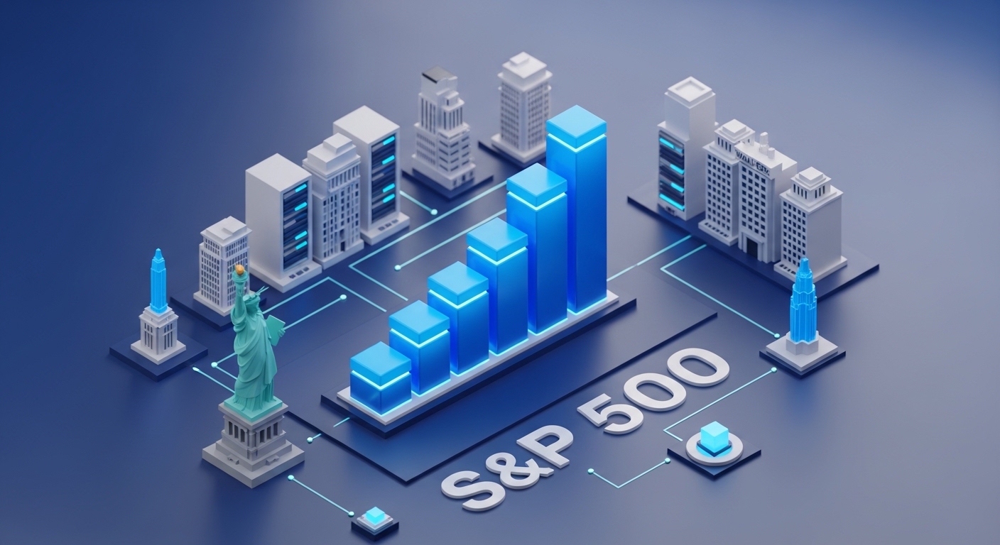 青を基調としたアイソメトリック3Dイラスト。上昇するグラフとともに、自由の女神やウォール街のビル群などニューヨークの街並みが描かれたS&P 500の定点観測用アイキャッチ画像。