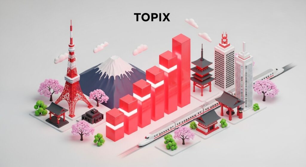 赤を基調としたアイソメトリック3Dイラスト。富士山、東京タワー、新幹線といった日本の象徴的なモチーフと上昇するグラフが描かれたTOPIXの定点観測用アイキャッチ画像。