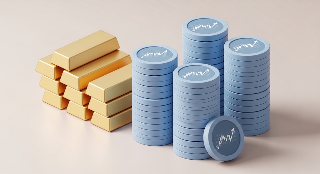 デジタル株式資産と金資産が同量積み上げられ、200%の資金効率を表現するイメージ