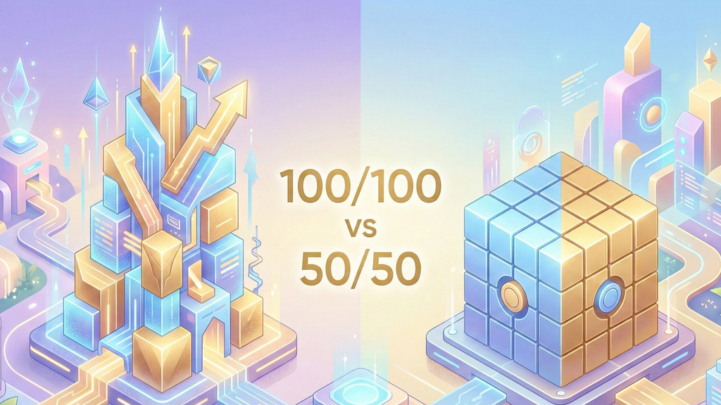 光を放つデジタルのパステルブルーと豊かなパステルゴールドの幾何学ブロックで構成された未来的なアイソメトリック3Dイラスト。左側には「100/100」レバレッジを表す高く力強い構造物、右側には「50/50」を表す完全にバランスの取れた安定した構造物が配置され、中央には黄金のサンセリフ体で「100/100 vs 50/50」の文字が目立って配置されている。