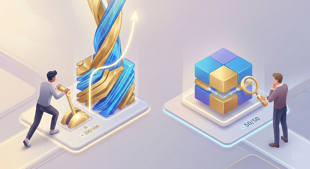 目的（攻め・守り）に合わせて、提示された2つの異なる戦略の模型を選択肢として冷静に比較・検討している様子を表現するイラスト