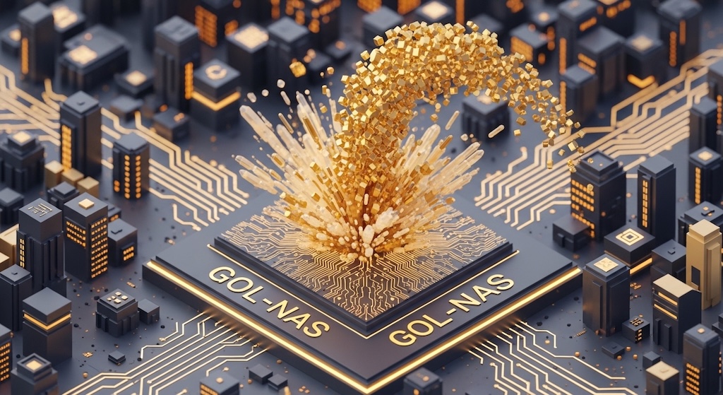 NASDAQ100（ハイテク回路）とゴールド（黄金）が融合した強力な爆発力を表現する未来的アイソメトリック3Dデザイン