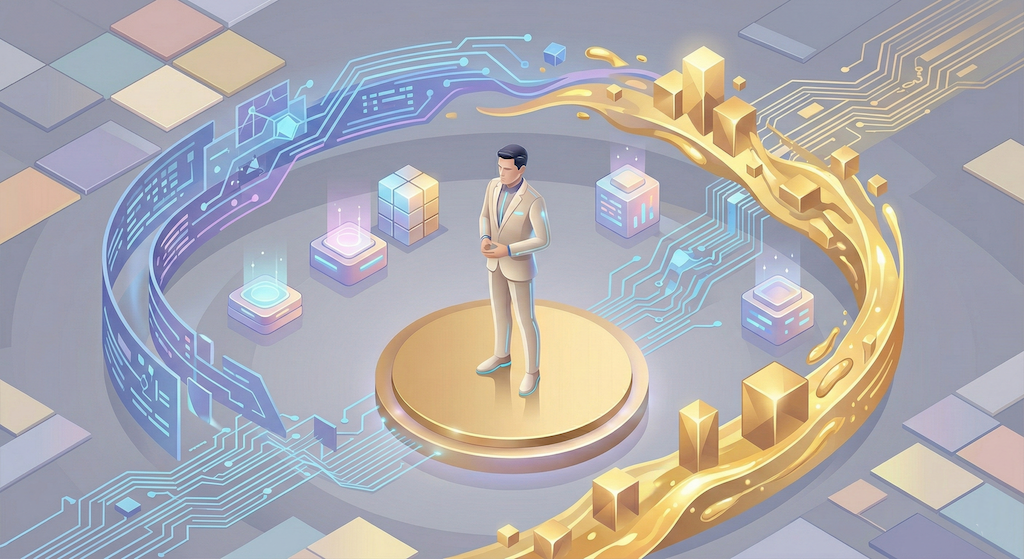 ゴルナスの「途中の激しい変動（ボラティリティ）」を認識しつつ、その「高いリターンと効率性」を信じて動じない、強靭な精神力を持った投資家を表現するイラスト