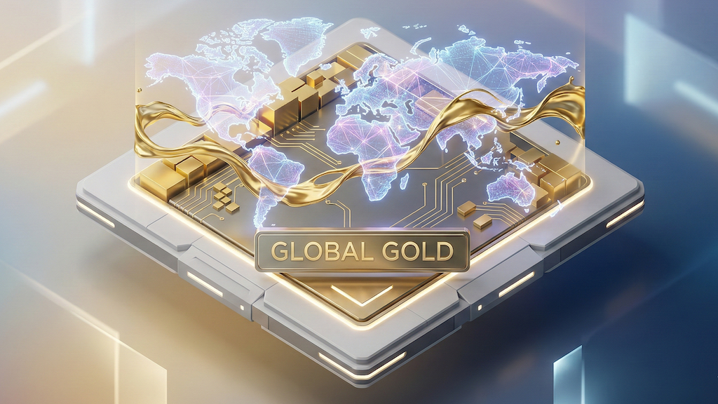 全世界への「究グローバルな分散」と「黄金の輝き」が融合した、未来的で洗練されたアイソメトリック3Dデザイン。