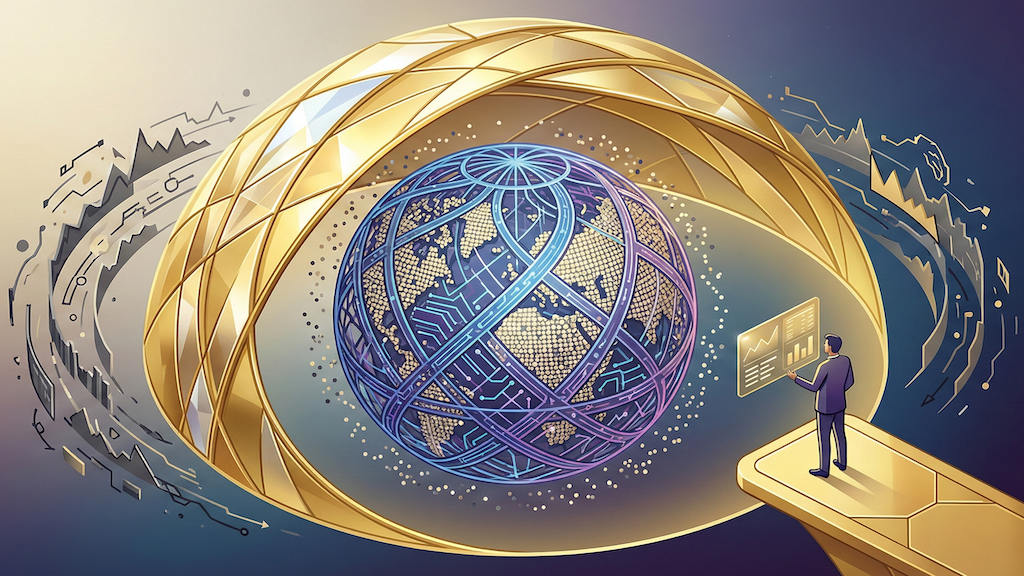 全世界株式（オールカントリー）を象徴する光り輝く青い格子状の球体を、強固で美しい黄金のドーム（キャノピー）が完全に包み込み、周囲の激しい市場変動から守っている様子を描いた未来的アイソメトリック3Dイラスト。安定したプラットフォームからその守られたシステムを冷静に見守る投資家の姿が、将来の不確実性に対する「究極の備え」と「戦略の完成」を象徴している。