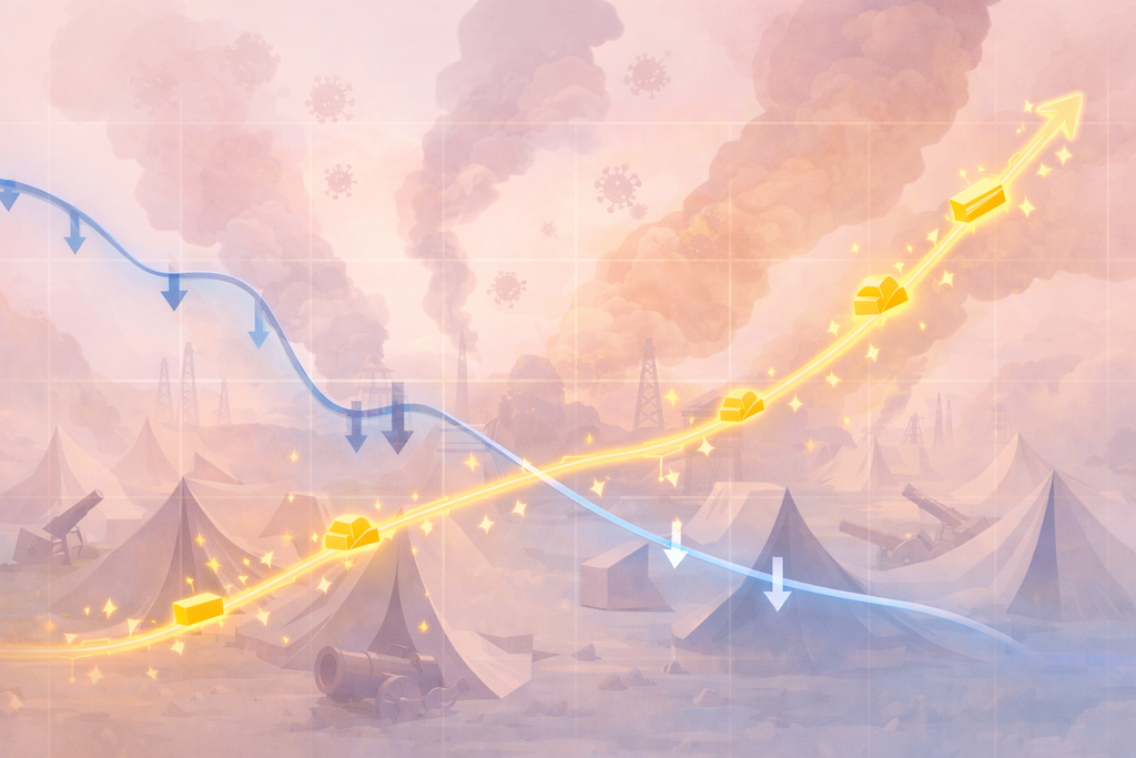 地政学リスクを象徴する背景に、下落する株式の青い線と上昇する金の黄金色の線が重なるチャートイラスト