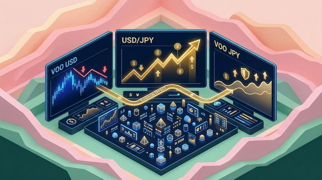 アイソメトリックな大型為替ディスプレイ。中央画面には「USD/JPY」の上昇グラフ、左画面には「VOO USD」の下落グラフ、右画面には「VOO JPY」の上昇グラフと盾のアイコンが表示されている
