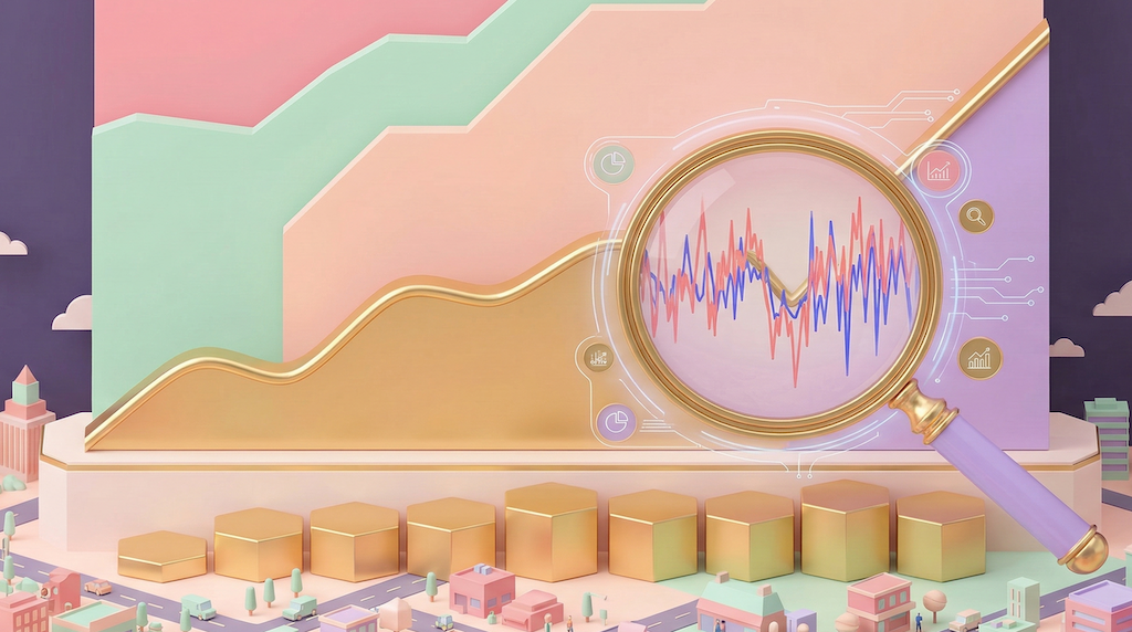 アイソメトリックな大型金融システムのディスプレイ。過去1年の緩やかな黄金の上昇トレンドを、一人の投資家が高い位置から見下ろしている。投資家が手元に持つ黄金のフレームの拡大鏡の中だけ、その小さなエリアが複雑でカオスな「ノイズ」の赤いチャートになっているイラスト