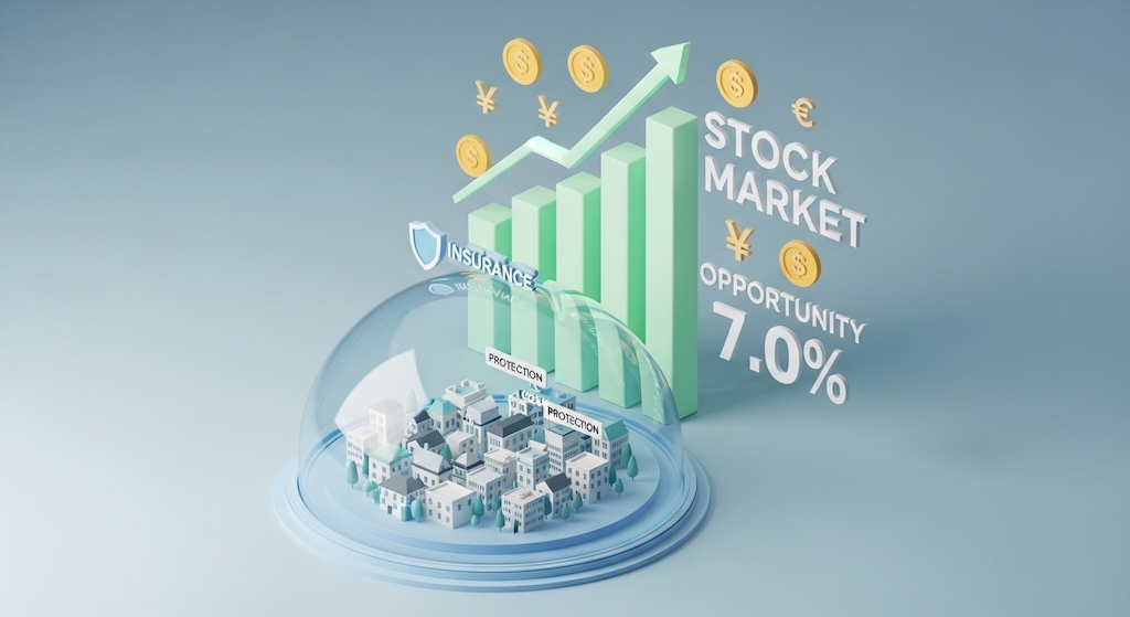 街を覆う外貨建て保険のドームと、その背後で大きく成長する株式市場のチャートを対比させた3Dイラスト。利回りの違い（1.5%と7.0%）による資産形成の機会損失を表現。