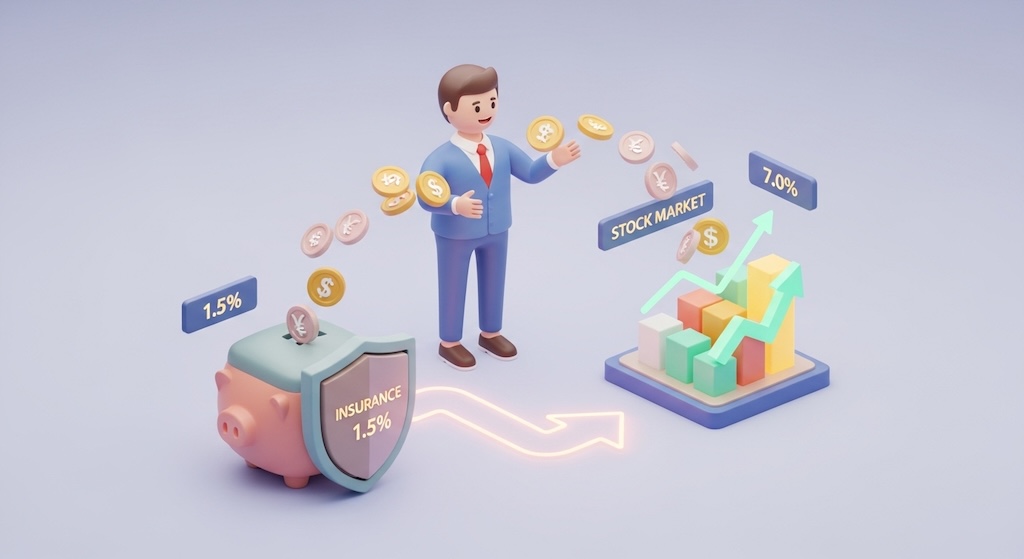 低利回りの保険から期待値の高い株式市場（インデックス投資）へ、自らの意志で資金を移動させている人物の3Dイラスト。過去の損失ではなく未来の期待値で決断する合理性を表現。