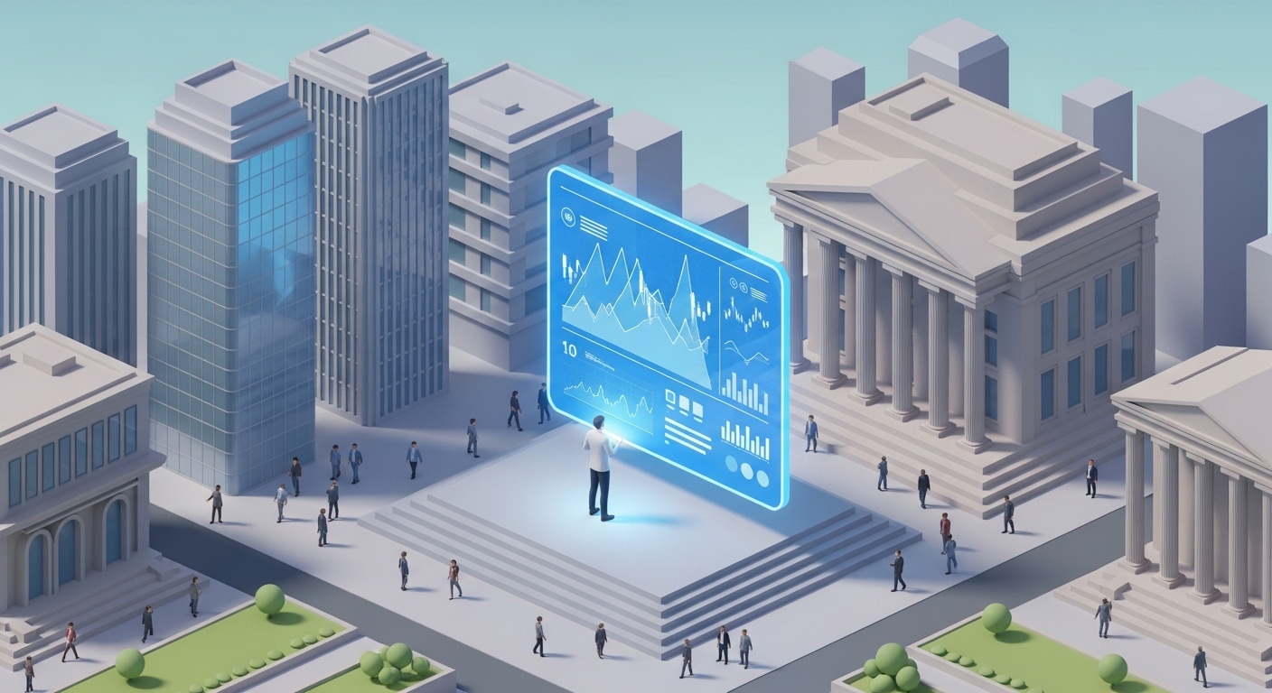 パステル調の3Dアイソメトリックイラスト。証券取引所を彷彿とさせる洗練された街並みの中で、投資家が大きな仮想モニターに映し出された市場のボラティリティ（値動き）を冷静に分析している様子