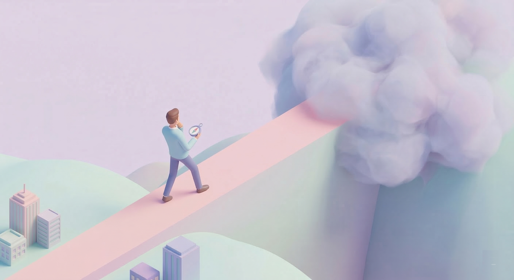 右肩上がりに伸びる一本の坂道を登っていた投資家が、道が厚い霧の中に消え、その先に崖（リスク）が隠れている気配を感じて立ち止まり、方位磁針を手にどこまで進むべきか冷静に思案している様子