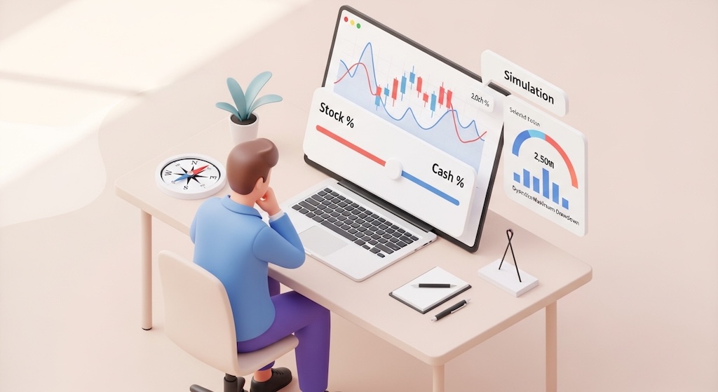 洗練されたワークスペースで、投資家がPC画面上のシミュレーションツールを用い、最大下落幅（MDD）を抑えるための最適な現金比率を算出している様子。デスクには方位磁針が置かれ、感情ではなく数値的な根拠に基づいて自らの「攻略コード」を導き出そうとする、冷静で計画的な時間を表現しています
