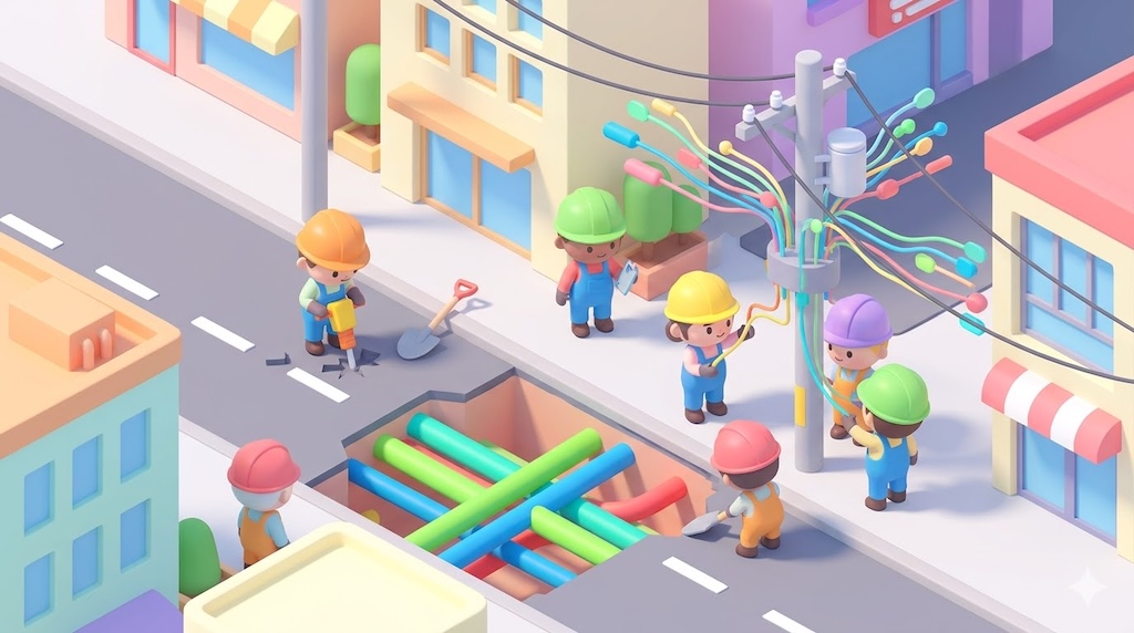 カラフルなパステルカラーの都市を舞台にした、アイソメトリック3Dイラスト。道路ではミニチュア作業員たちが、露出した地下のカラフルなパイプ（緑、青、赤）や、電柱から建物へと伸びる虹色の電線ストリームの整備工事を行っている。