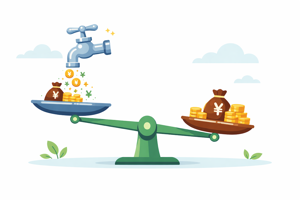 資産（コインやマネーバッグ）が乗った天秤と、その上に配置された蛇口のフラットイラスト。蛇口から流れる日本円の記号やコインが、資産の少ない方の皿に直接注がれてバランスを整えている様子を描いている。明るい色彩を基調としたクリーンでモダンなデザイン。