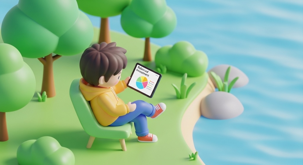 バランスの取れたポートフォリオを確認し、穏やかに過ごす人のパステル調イラスト