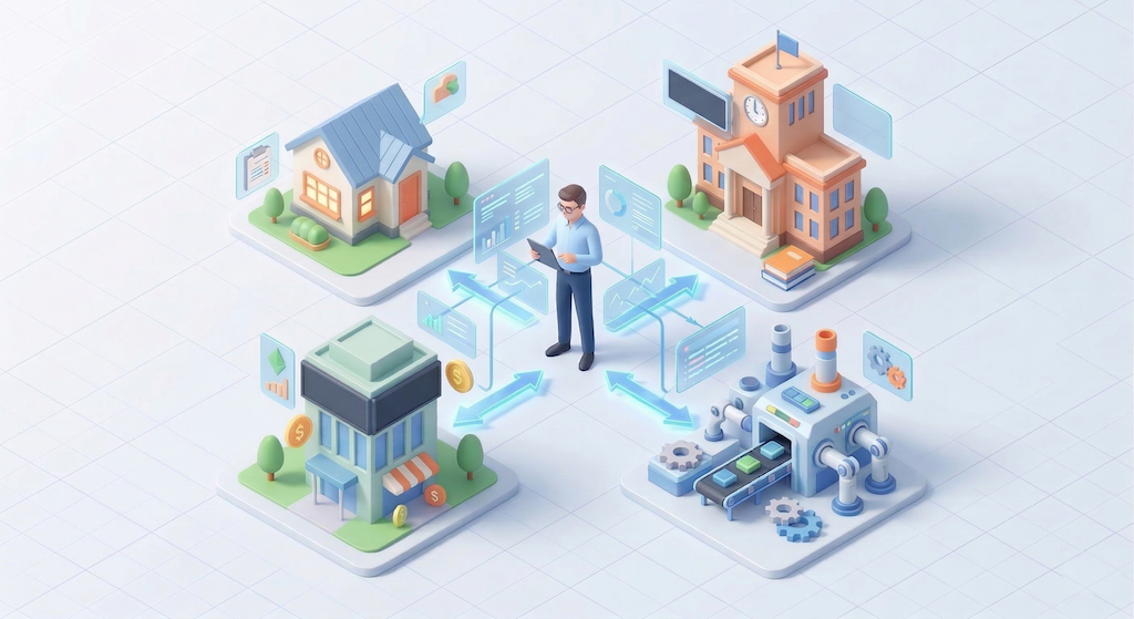 中央にタブレットを持つ男性が立ち、周囲の「家（家計）」、「証券取引所（市場）」、「学校（理論）」、「工場（自動化）」をデジタルなフローチャートとデータパネルで統合・制御している様子