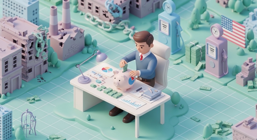 1970年代風の経済停滞（暗黒時代）を模したパステル調の背景の中で、親しみやすい表情の投資家が、3Dアイソメトリックなデスクでルールに基づき淡々と貯金箱へ資産を投入し、ポートフォリオを管理している様子。
