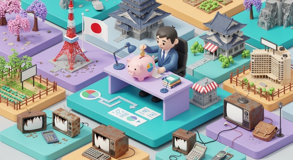 日本の長期経済停滞（失われた30年）を具体的に表す、文字のない古いブラウン管テレビ、錆びたワープロ、崩れかけたリゾートホテル、巨大なショルダーバッグ携帯電話の模型に囲まれた中で、日の丸が掲げられた日本の衰退した都市景観を背景に、親しみやすい表情の投資家が、3D縁無しアイソメトリックなデスクでルールに基づき淡々と全世界分散投資と現金比率を管理し、貯金箱へ資産を投入している様子。