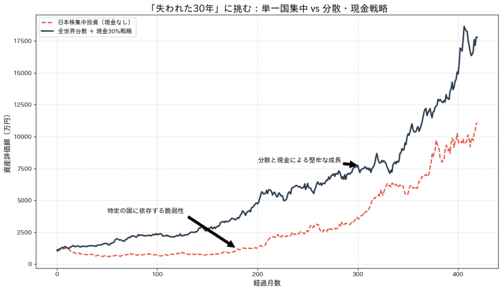 1989年から現在までの日本株のみの運用と、全世界分散＋現金30%戦略の資産推移を比較したシミュレーション結果。分散戦略の方がドローダウンが浅く、成長が安定していることを示す
