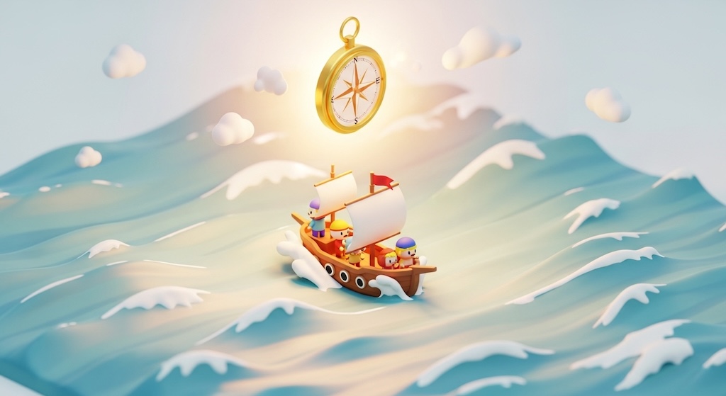 パステル調の3Dアイソメトリックイラスト。可愛らしいキャラクターたちが乗った船が、荒れた海を黄金のコンパスに導かれながら進む様子。歴史的な円安局面でも、あらかじめ決めた資産配分の航路を守り抜く投資家のイメージ。