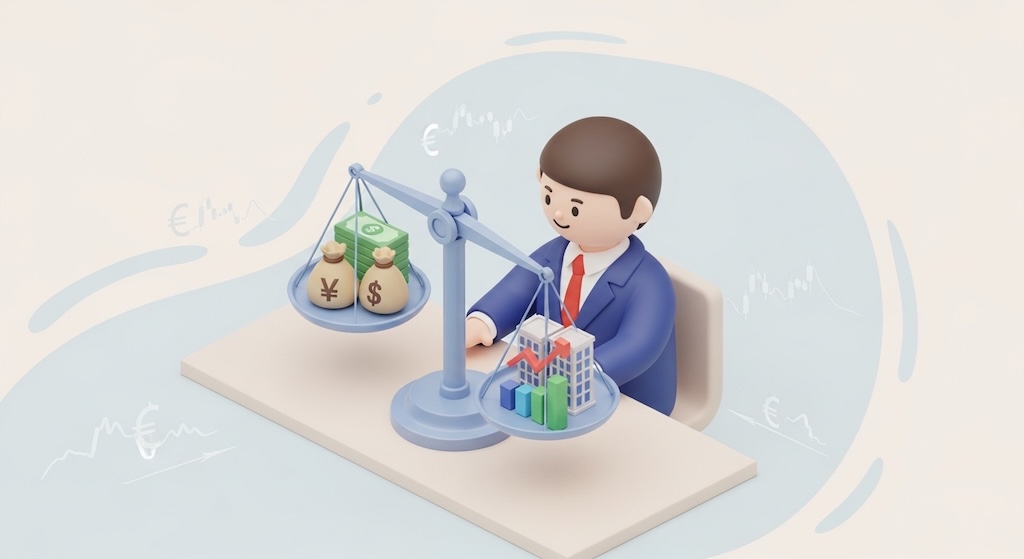 パステル調の3Dアイソメトリックイラスト。穏やかな表情の投資家がデスクに座り、天秤を使って「現金」と「株式」のバランスを完璧に整えている様子。外部の為替変動に惑わされず、自身の資産比率を論理的にコントロールするイメージ。