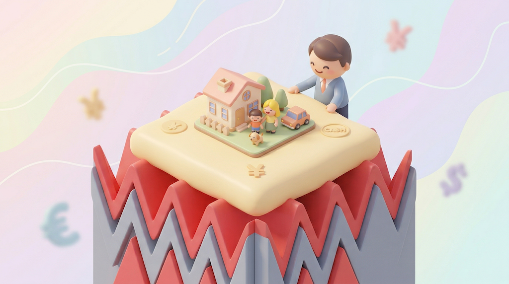 不安定でギザギザした株式市場を象徴するトゲトゲの土台の上に、厚みのある滑らかな現金クッションが敷かれている。クッションの上には、小さな家や笑顔の家族のフィギュアなど安定した「生活空間」が水平に配置され、安心している投資家キャラクターがクッションの角を整えている。外部環境に惑わされず、資産形成と生活の安定を両立するイメージ。