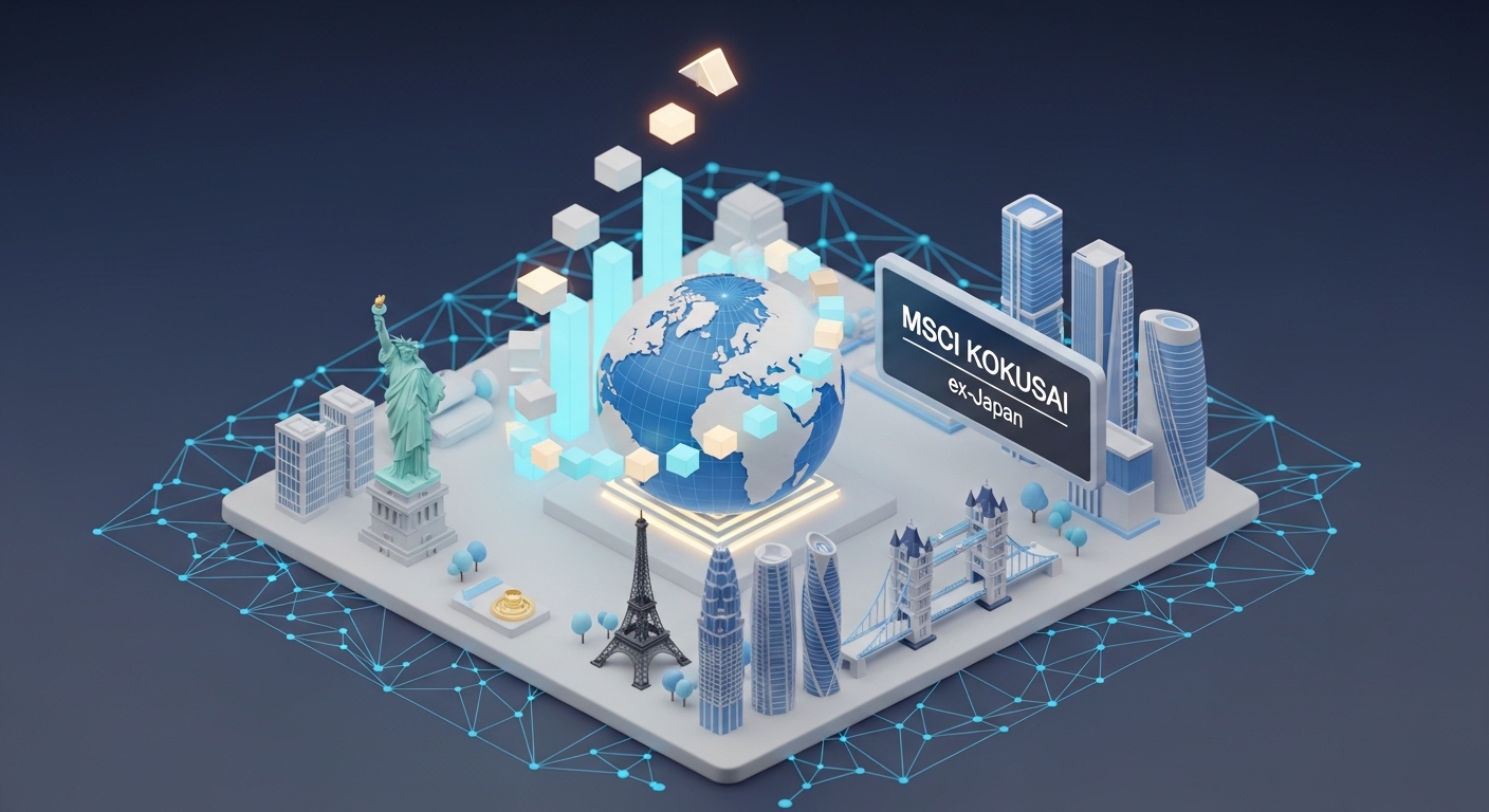 ブルー、グレー、ホワイトを基調としたクリーンな3Dアイソメトリックイラスト。日本を除く先進国の経済を象徴する自由の女神、エッフェル塔、ロンドン橋、近代都市と、上昇する螺旋グラフ、そして「MSCI KOKUSAI ex-Japan」と書かれたディスプレイが描かれたＭＳＣＩコクサイ・インデックスの定点観測用アイキャッチ画像。