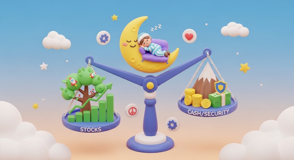 大きな天秤の両端に「株式（成長する木とロケット）」と「現金（積み上がった金貨と盾）」が乗り、完璧にバランスが保たれている。その中心でキャラクターが穏やかに眠っており、カウチポテト・ポートフォリオがもたらす『究極の安定感』と『手間いらずの運用』を象徴的に描いたアイキャッチ画像。