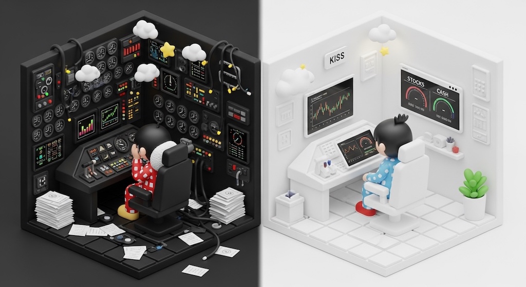 「複雑な運用で混乱するコックピット」と「最小限の指標で心穏やかに運用するコックピット」の対比。投資の認知負荷とシンプルさの重要性を表現した3Dアイソメトリックイラスト。