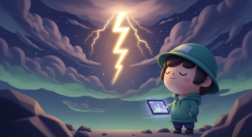 稲妻が光る夜空と、それを見上げる穏やかな表情の人物のイラスト。激しい変動を市場の性質として受け入れる投資家のメタファー