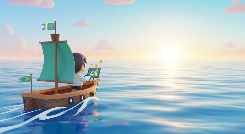 穏やかな海を進む一隻の船と、その先にある明るい水平線のイラスト。長期的な視点で目的地の資産形成へと向かう船のイメージ